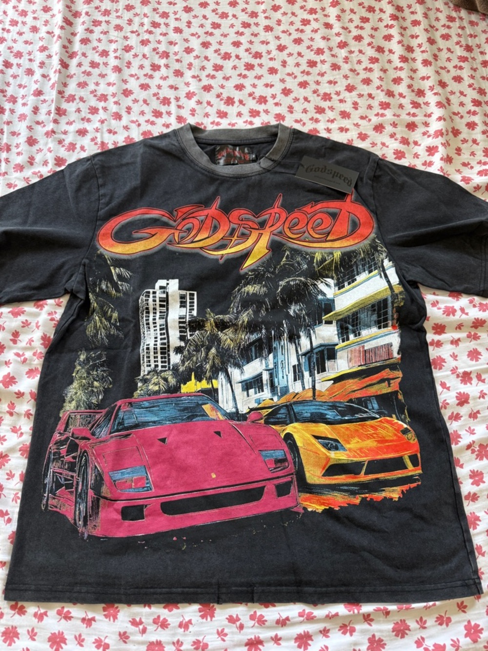 Godspeed Black Short Sleeve Graphic Tee with Pink and Yellow Car Print